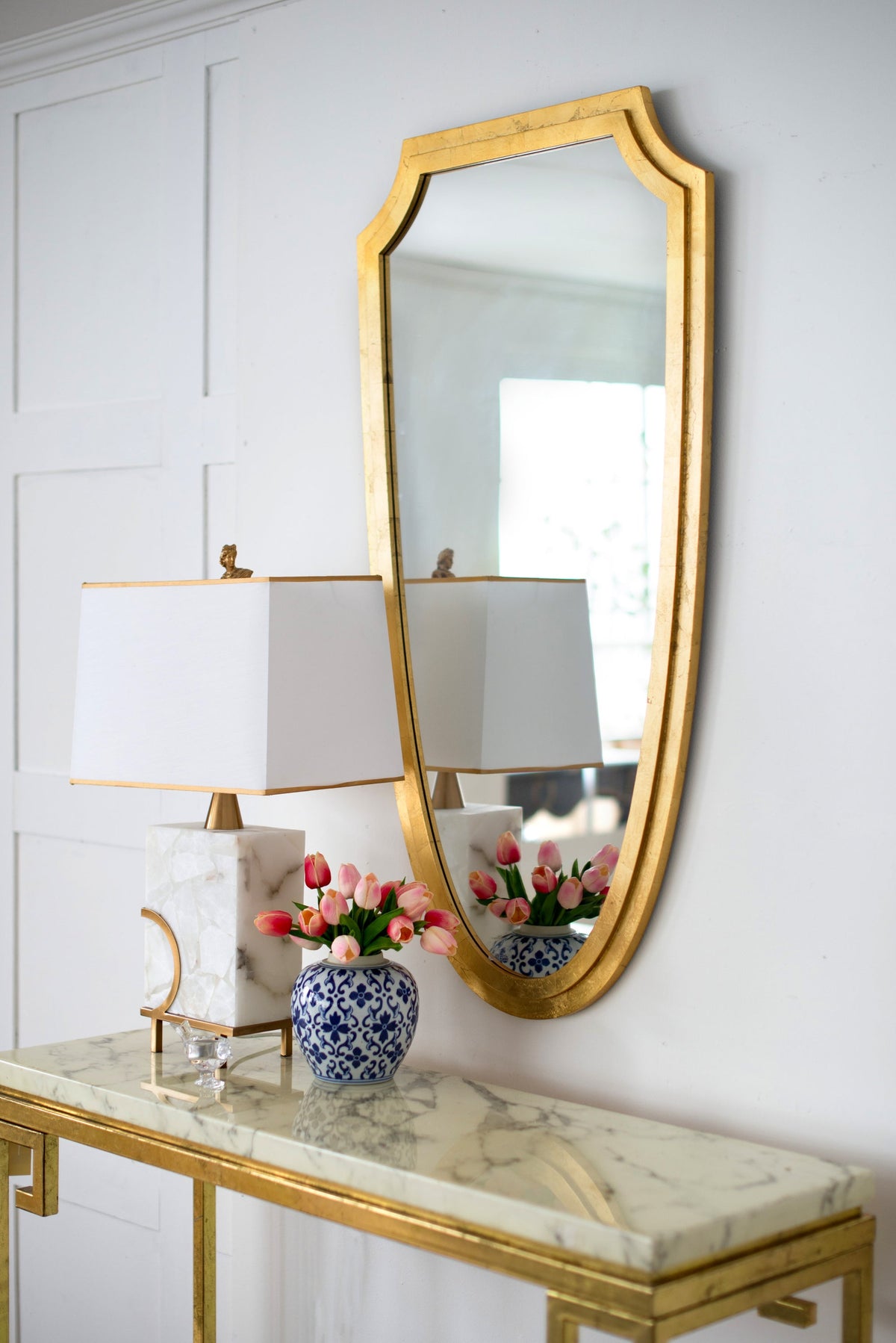 Shield-Shaped Gold Metal Frame Wall Mirror, 24 × 46 in