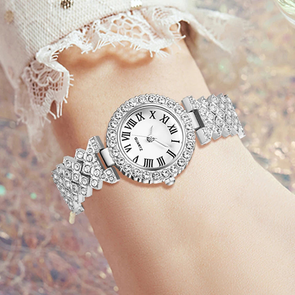 6PCS/SET Luxury Trendy Fashion Roman Digital Scale Quartz Watch Bracelet Necklace Earrings Set Perfect Gift for Friends or Moms