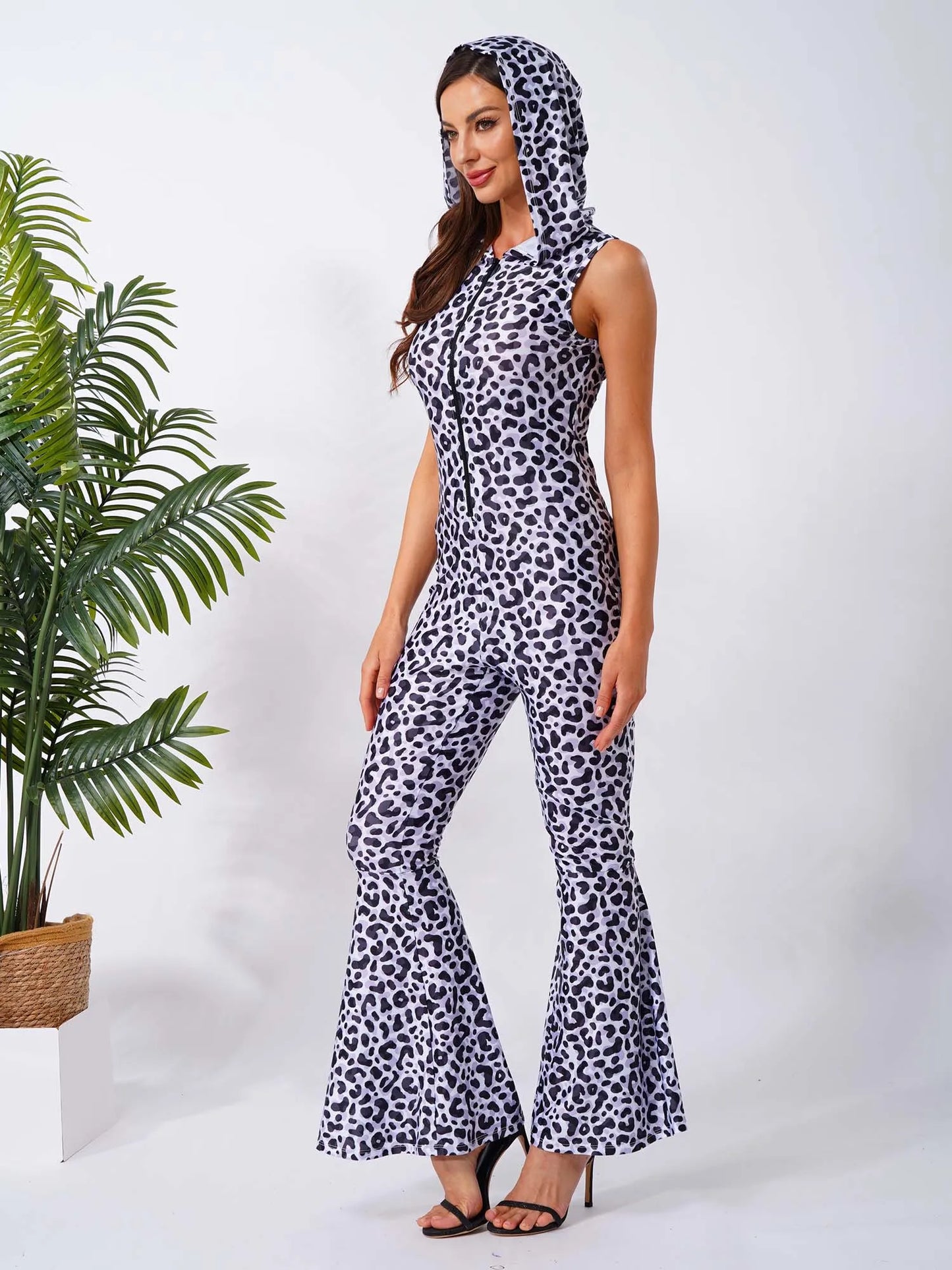 Women Halloween 90s Disco Hippie Cosplay Costume Sleeveless Zipper Printed Bell-Bottom Hooded Jumpsuit for Theme Party Carnival
