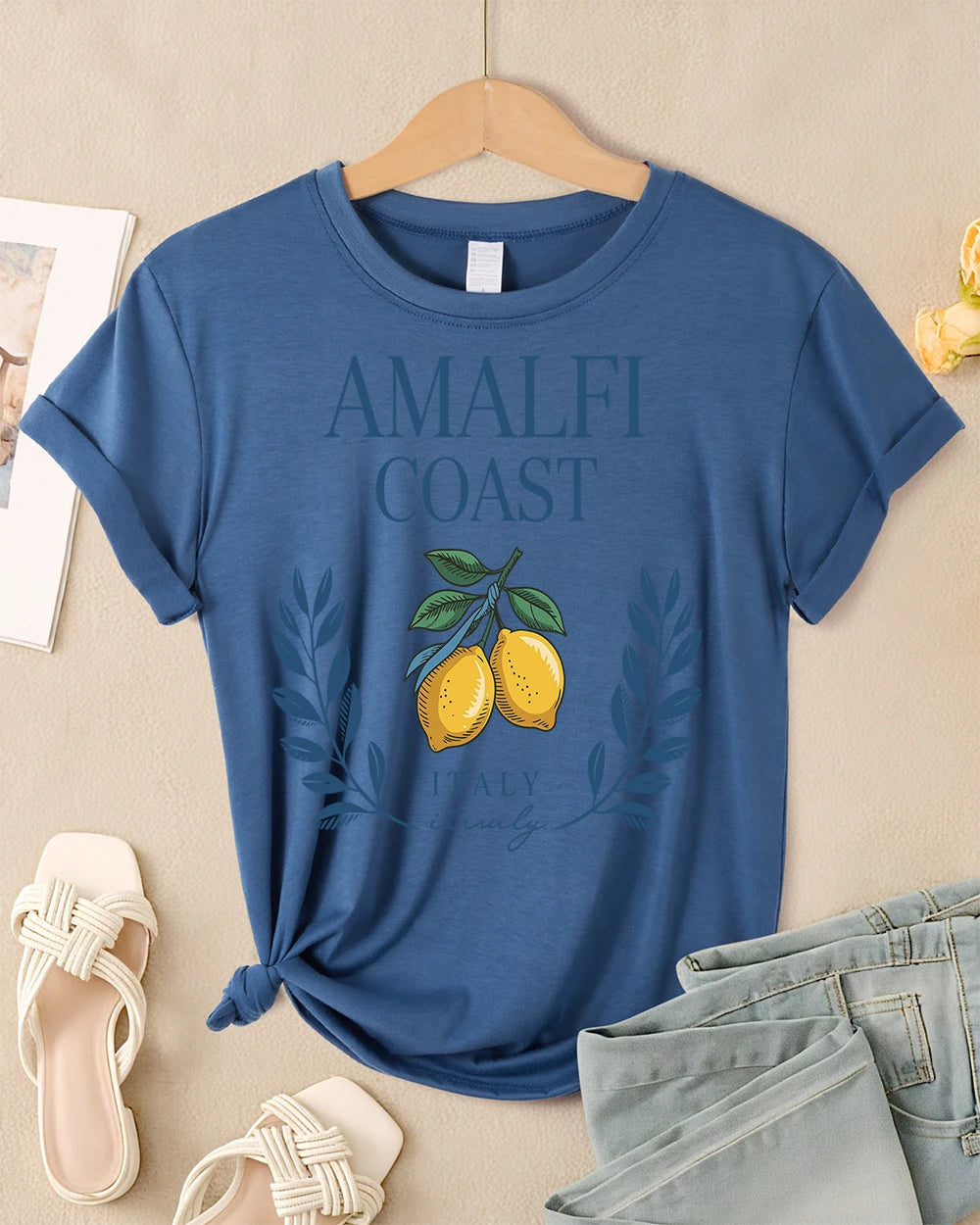 Amalfi Coast Lemon From Italy Printing Retro T-Shirts Women Breathable O-Neck Tee All-Match Soft Top Casual Female Short Sleeve