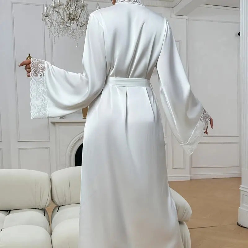 Sexy Lace Patchwork Nightwear Vestidos De Novia Women Wedding Dress Satin Kimono Bathrobe Intimate Lingerie Long Pijama Mujer