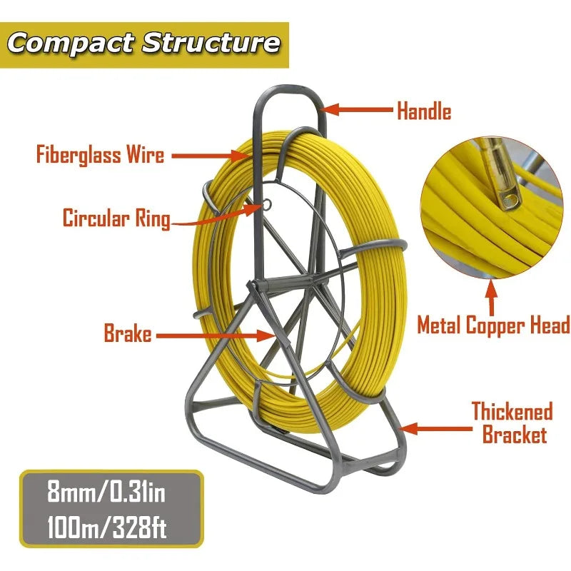 INTSUPERMAI Fish Tape Fiberglass Duct Rodder Fish Tape Puller Fiberglass Wire Cable Running (8mm x 100m / 0.31in x 328ft)