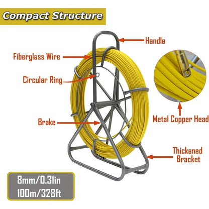 INTSUPERMAI Fish Tape Fiberglass Duct Rodder Fish Tape Puller Fiberglass Wire Cable Running (8mm x 100m / 0.31in x 328ft)