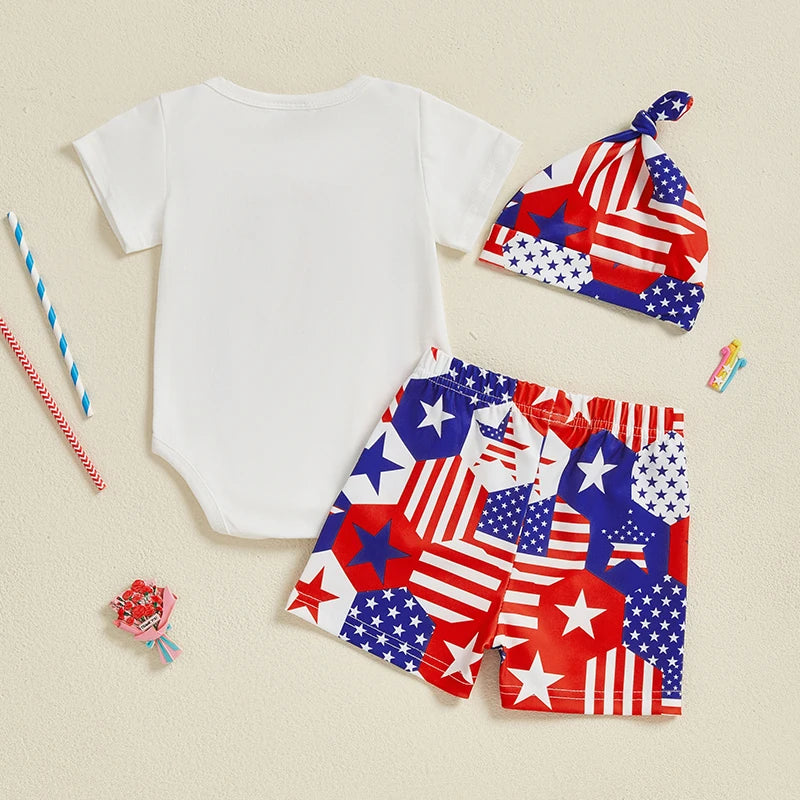 Baby Boys Patriotic Outfit Short Sleeve Jumpsuit and Elastic Star Stripe Shorts and Hat Set 3 Piece Clothes Set
