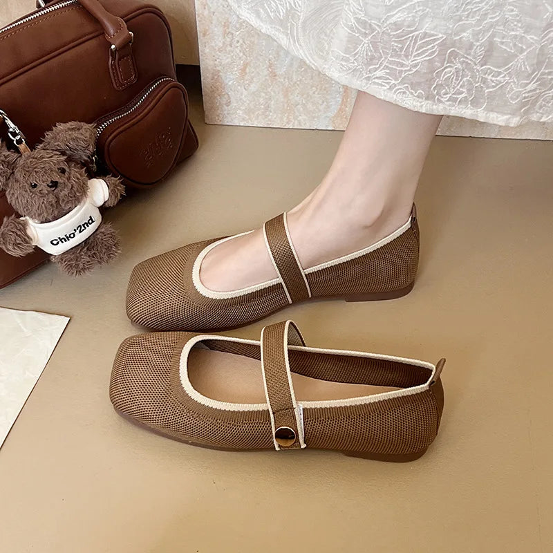 New Women's Single Shoes Fashion Square Toe Comfortable Mesh Flat Loafers Buckle Strap Woven Shoes Breathable Casual Soft Sole