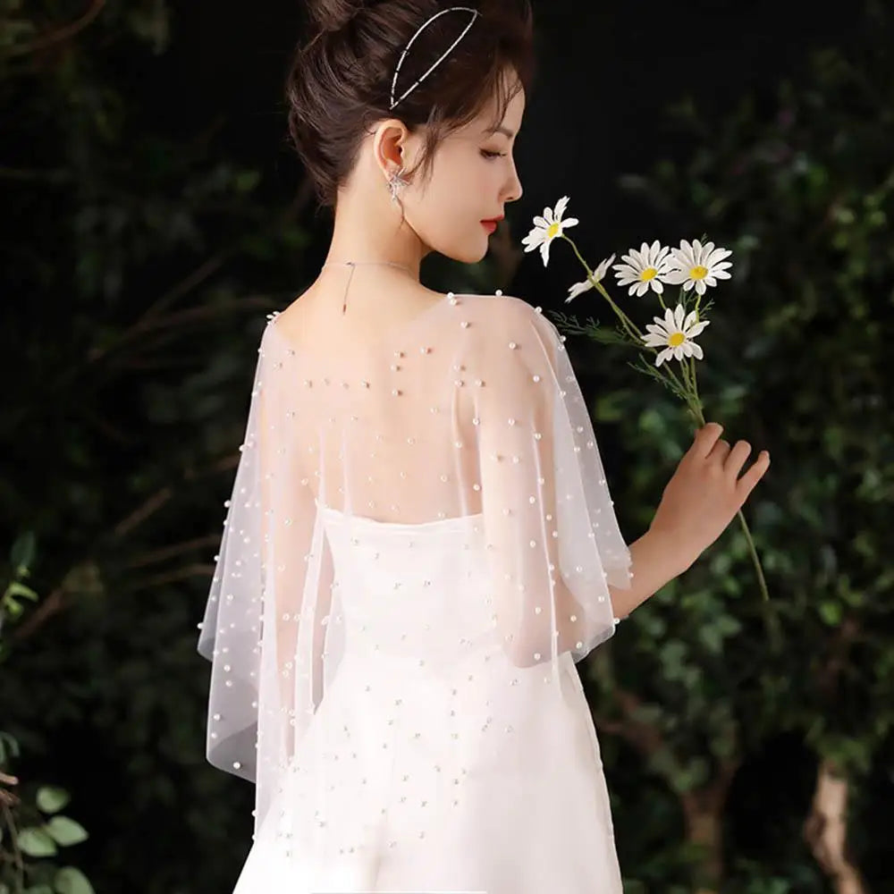 White Tulle Net Shawl For Bride Short Front Long Back See-Through Pearl Bead Wrap Short Sleeve With Plain Silk Edge Wedding Cape