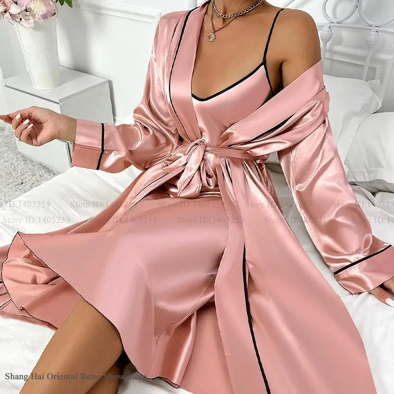 Sexy Long Twinset Robe Set Chemise Nightgown Women Nightwear Summer Silk Satin Home Dress Sleepwear Loose Lounge Wear Lingerie
