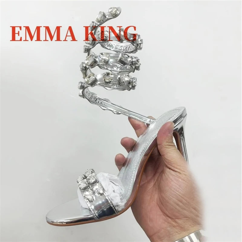 Luxury Gold Rhinestone Studs Sandals Women's Stiletto High Heels Sandals Sexy Ankle Wrap Summer Shoes For Weddings And Parties