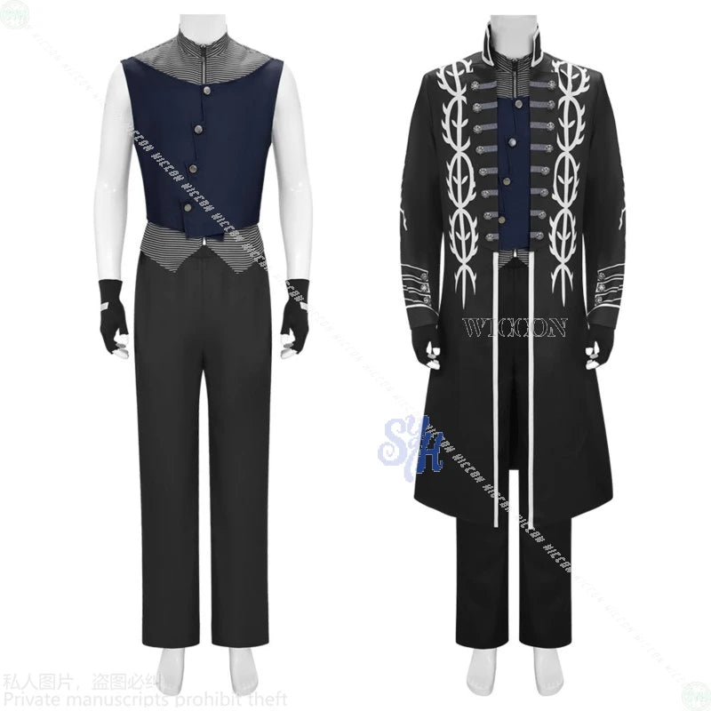Game DMC5 Cosplay Vergil Anime Costume Demon Cos Cryy Long Black Punk Goth Coat Uniform Pants Jacket Vest Wigs Halloween Party