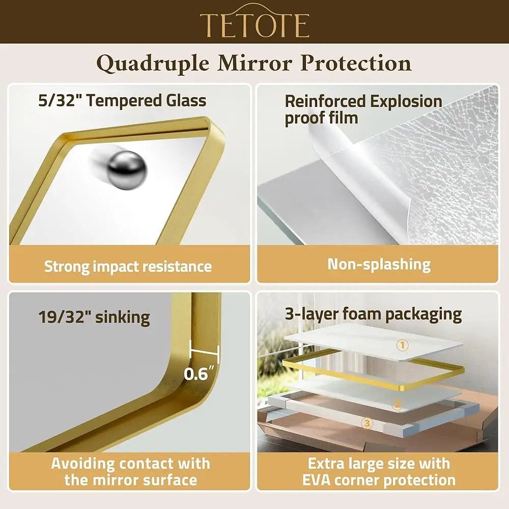 Gold Bathroom Mirror 40 X 30 H Brushed Gold Metal Framed Vanity Mirror, Tempered Glass, Wall Mounted For Bathroom, Entryway,