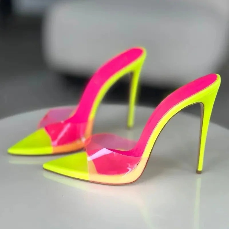 Stylish Pointed Toe Thin Heel Sandals Transparent PVC Slip On Candy Colors Female Summer Mules Shoes Pink Yellow Size 47