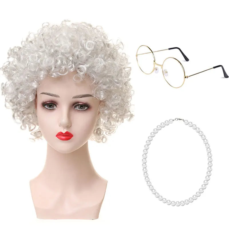 Granny Wig Cos Halloween Granny Curly Hair Charterer Stage Show Wig Cover Props
