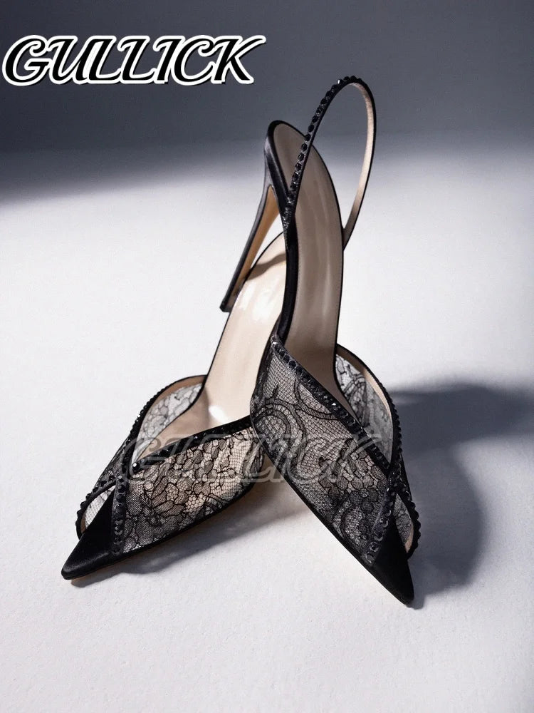 Rhinestones Heeled Sandals Pointed Toe High Heels Air Mesh Slip On Pull On Shoes Women Luxury Designer Slingback Sandalias 2025