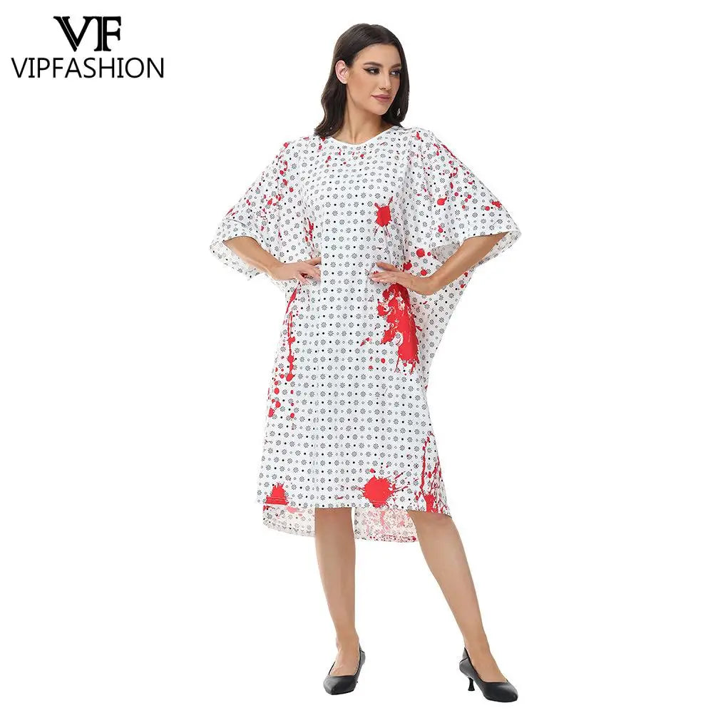 VIP FASHION Bloody Doctor Nurse Cosplay Costume Adult Halloween Party Outfit with Hat Short Sleeved Apron Stage Performance Suit