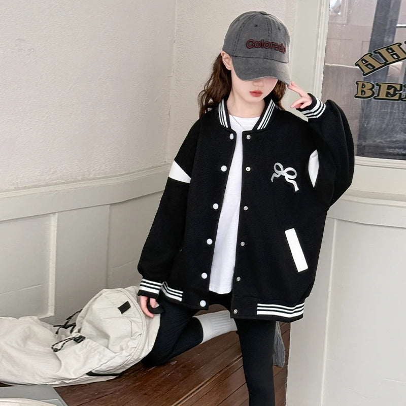Kids Casual Spring Autumn Clothing Baseball Jacket with Bows for Girls Sports Baseball Shirt Coat Child Sporty Outerwear Tops