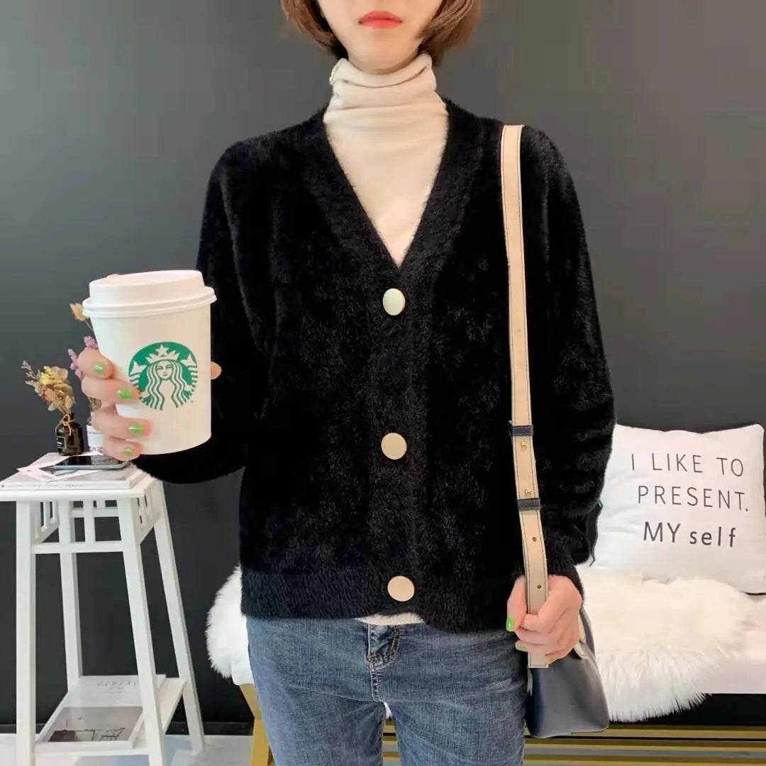 Women Autumnn New Chic Fashion Fluffy Soft Plush V-neck Knitted White Cardigan Sweater Coat Korean Fashion Tops Y2k