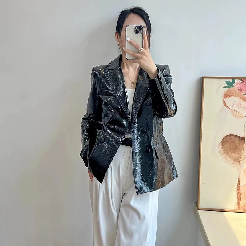Women's Genuine Leather Sheepskin Coats Autumn Lapel Two Buttons Burgundy Long Loose High-Grade Waxed Goatskin Suit Jacket Lady