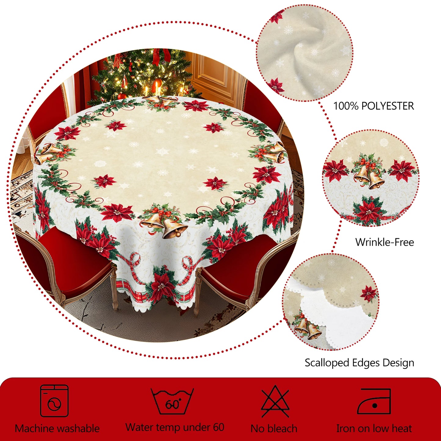 1 Piece Christmas Round and Rectangular Tablecloth, Available in Various Sizes, Christmas Retro Floral Print Pattern Tablecloth, Christmas Garden Tablecloth Decoration, Tablecloth for Daily Home Kitchen, Terrace, Gift