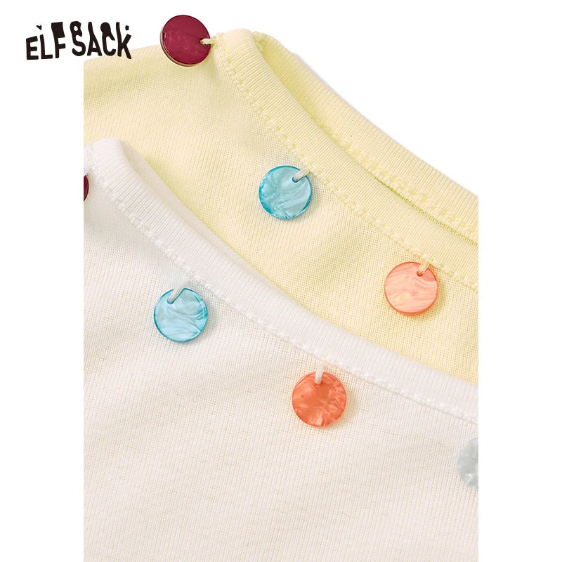 ELFSACK 2025 Summer New Arrivals Back Hollow Lace Up White Short Sleeve Chic T-Shirt For Women