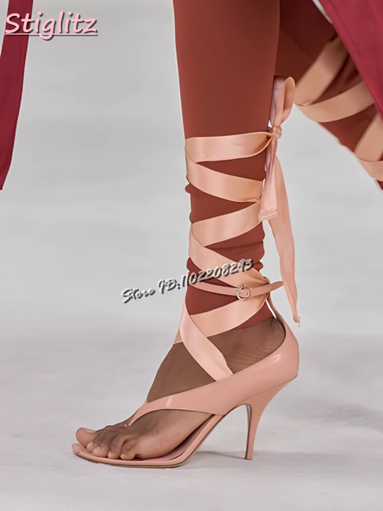 Silk Satin Cross-tied Sandals Clip-Toe Lace-up Flip-flop High Heels Riband Elegant Dress Shoes 2025 Summer New Fashion Women