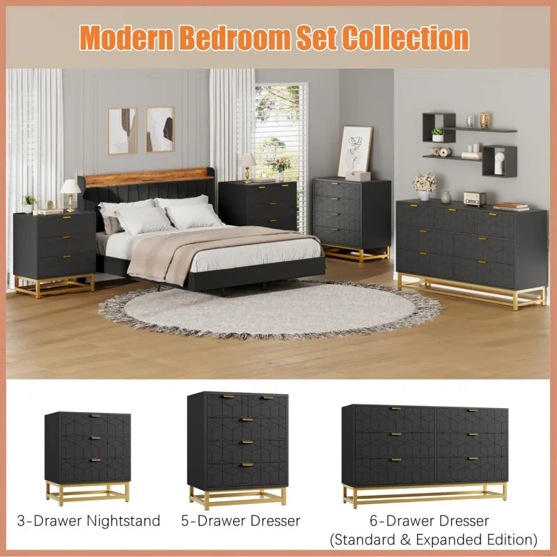 Black Nightstand, Modern 2 Drawer Dresser for Bedroom, Large End Side Table Bedside Table with 2 Drawers, Wooden Nigh