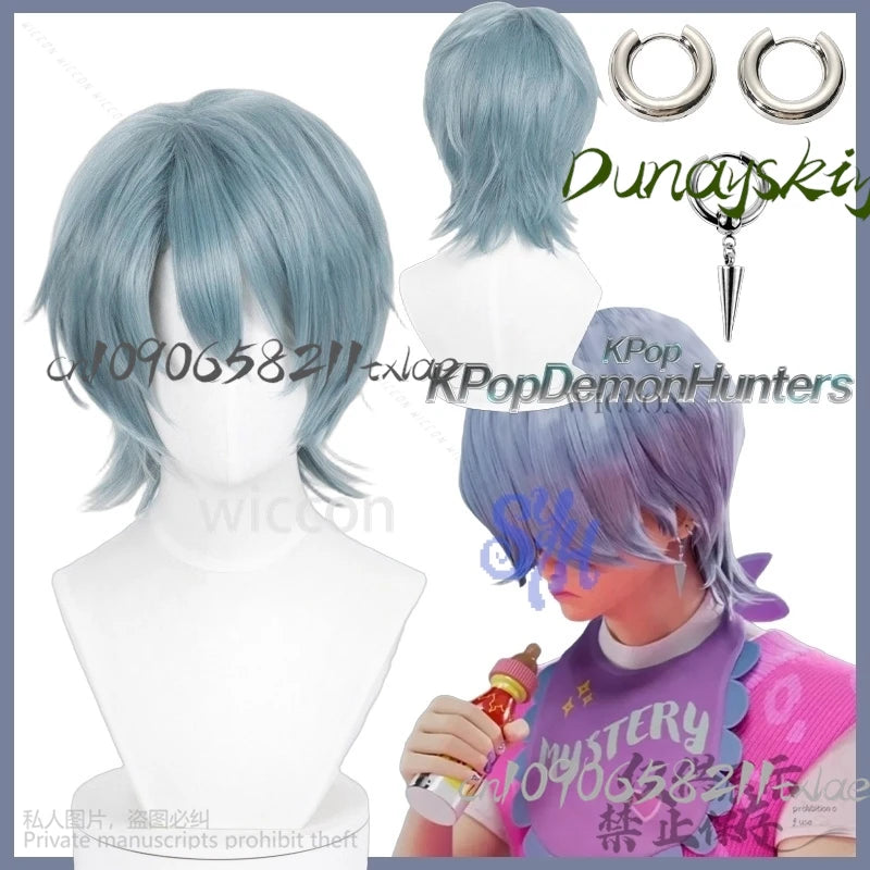 Saja Boy Mystery Huntrix KPop Demon Hunters Cosplay Purple-gray Synthetic Short Straight Hair Wigs Curling Accessories Halloween