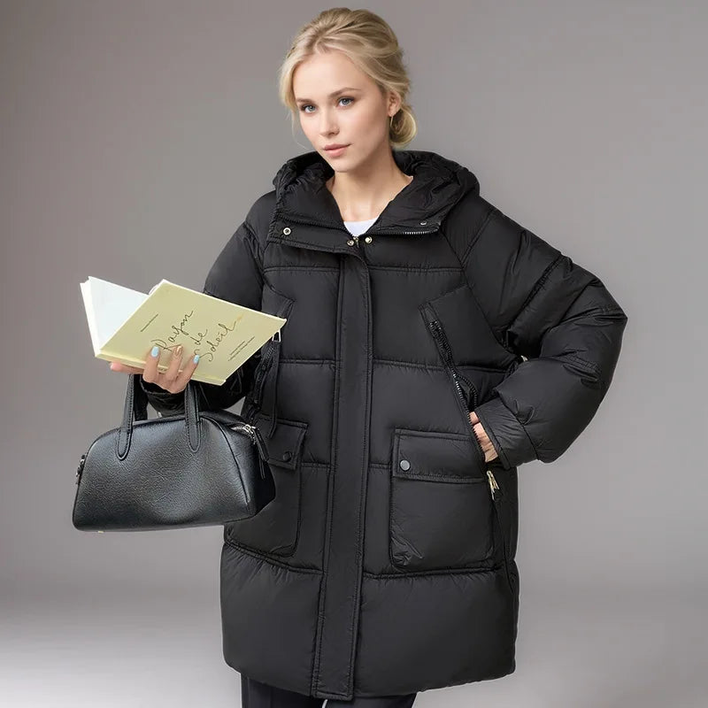 Patchwork Female's Winter Parka Jacket Pure Color Multi Pockets Zipper Fly Padded Coat For Lady Versatile Hooded Women's Jacket