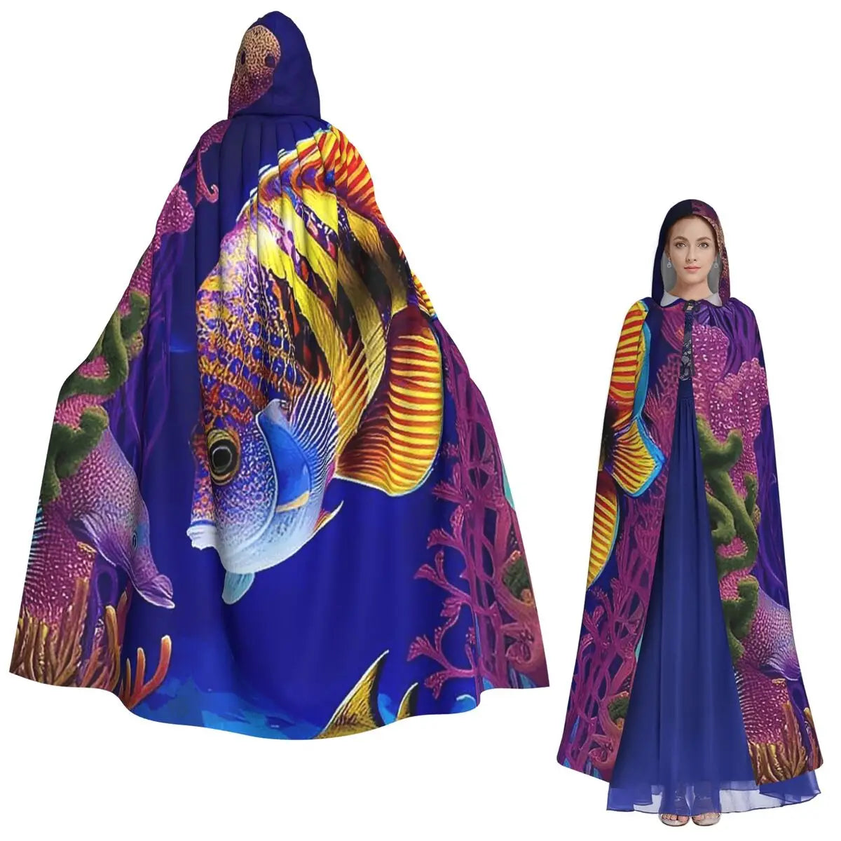 Colorful Fish In The Ocean Tropical Fish Long Hooded Cloak Witch Medieval Costume Cosplay Cape HalloweenCoat Adult Unisex