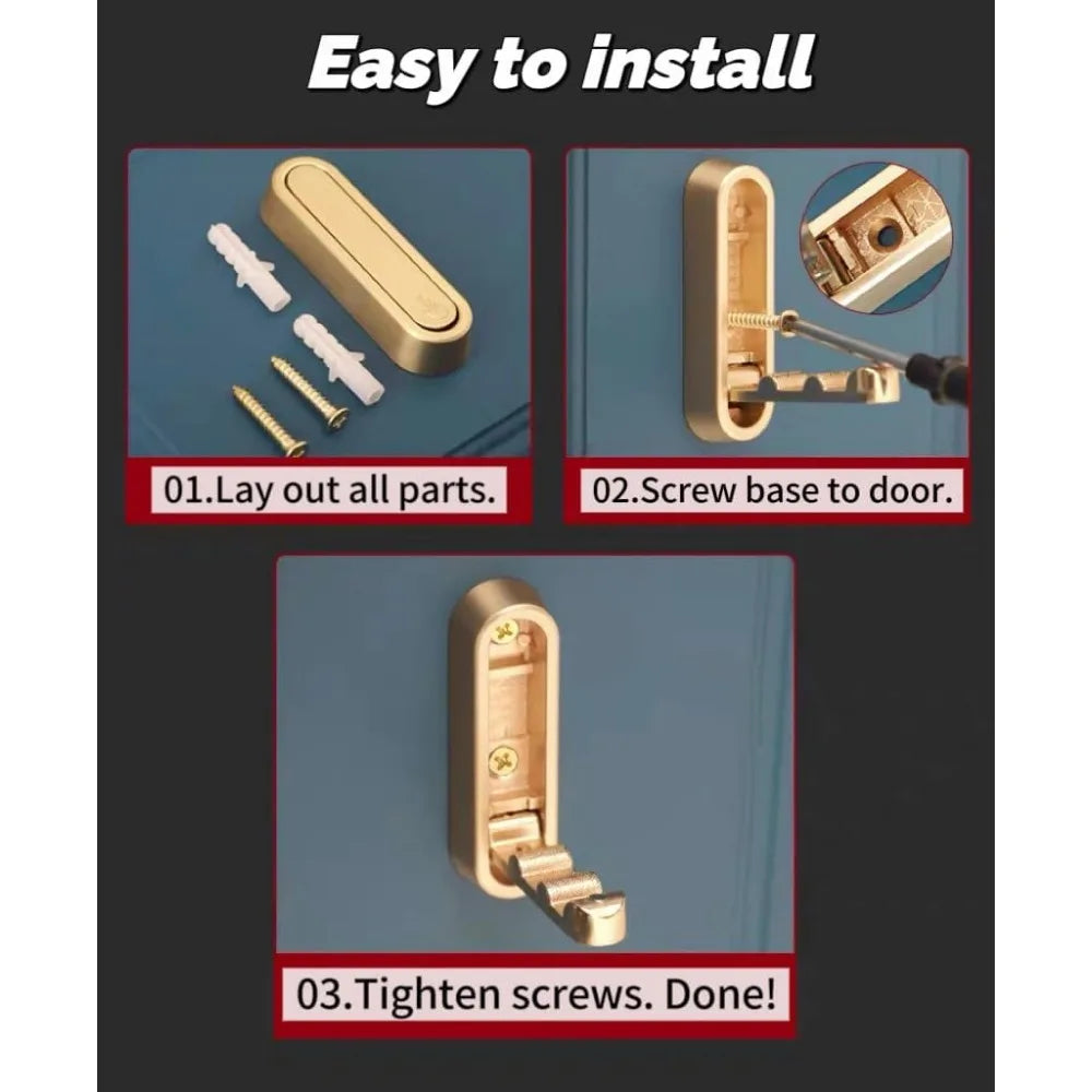 4 pack gold folding wall hooks - heavy duty 40lbs foldable coat hooks for bathroom, closet & entryway | decorative zinc alloy to