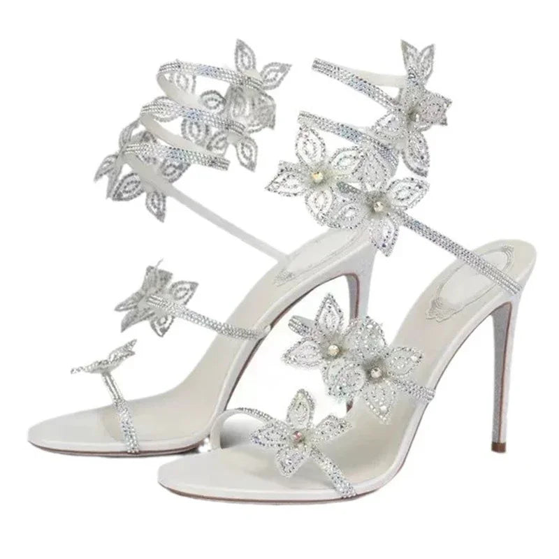 Eilyken Street Style CRYSTAL Flower Thin Heels Banquet Prom Women Sandals Sexy Open Toe Narrow Band Ankle Strap Gladiator Shoes