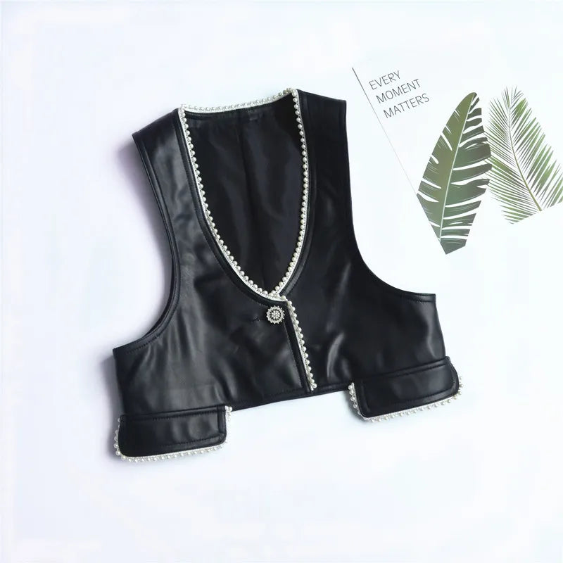 Sleeveless Leather Jacket Spring Autumn Women Real Sheepskin Pearls Decoration Slim Black/Coffee Short Vest Trend Chaleco Mujer