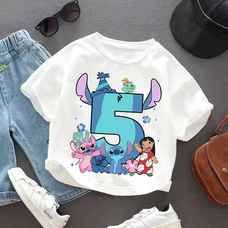 Lilo Stitch T-shirt for Kids Clothes Birthday Number 1-9 Print Children Clothing Cute Anime Tee Party Wear Cotton Baby Tops Gift