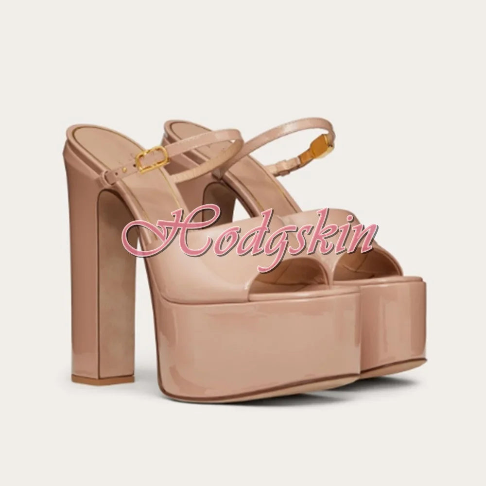 Thick Sole Shiny Leather Sandals Open Toe High Platform Chunky High Heels Solid Buckles Straps Sandals Women Dress Shoes Design