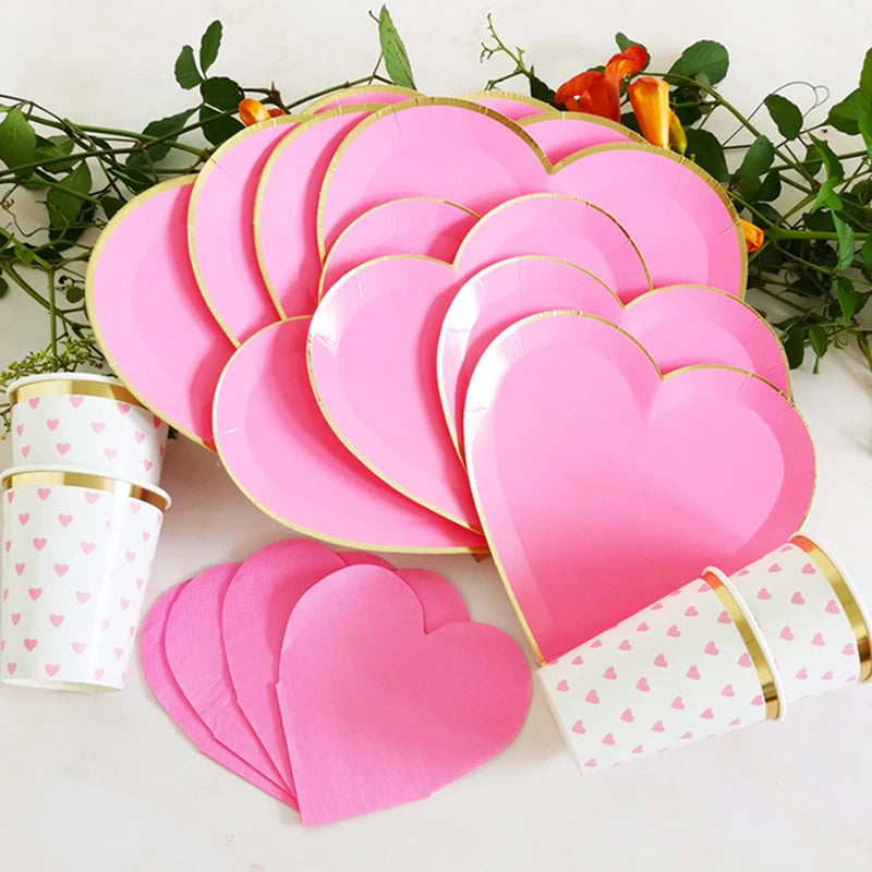 40pcs Rose Heart Shape Disposable Tableware Rose Heart Plate Cup Napkin For Wedding Valentine's Day Party Decoration Supplies