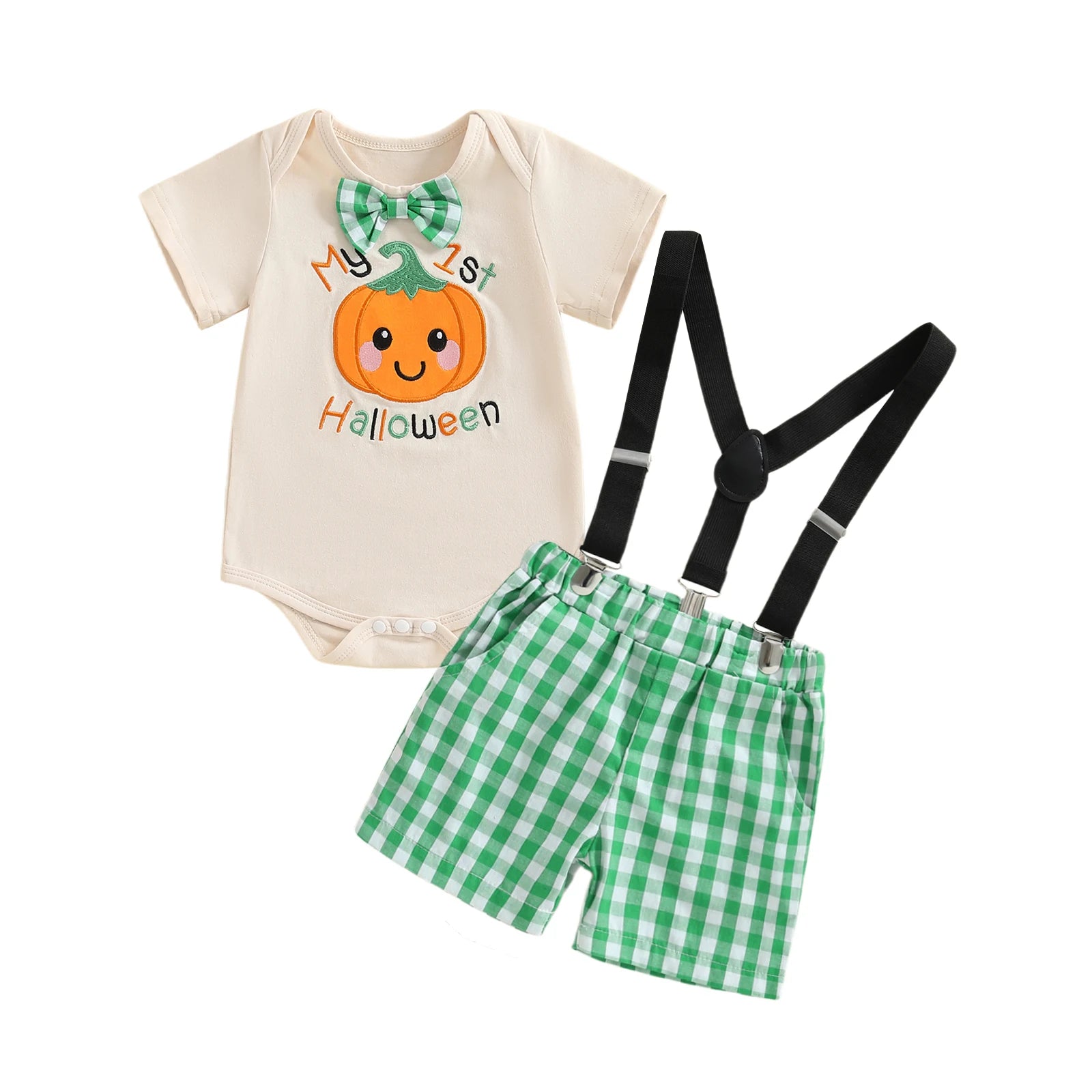 Cute Toddler Halloween Costume Pumpkin Patchwork Long Sleeve Romper with Checkered Suspenders Pants 2 Piece Set for Boys