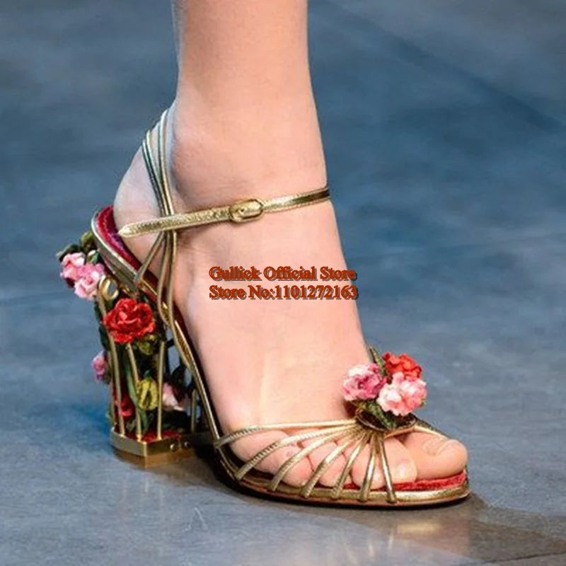 Luxury Bird Cage Women Sandals Gold Metallic Leather Strappy Sandals Floral Flower Ankle Strap Celebrate Bride Party Shoes 8.5cm