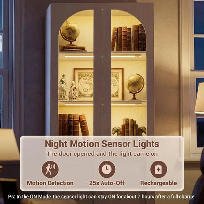 Pantry for kitchen use, tempered glass doors, black finish, motion sensor lighting