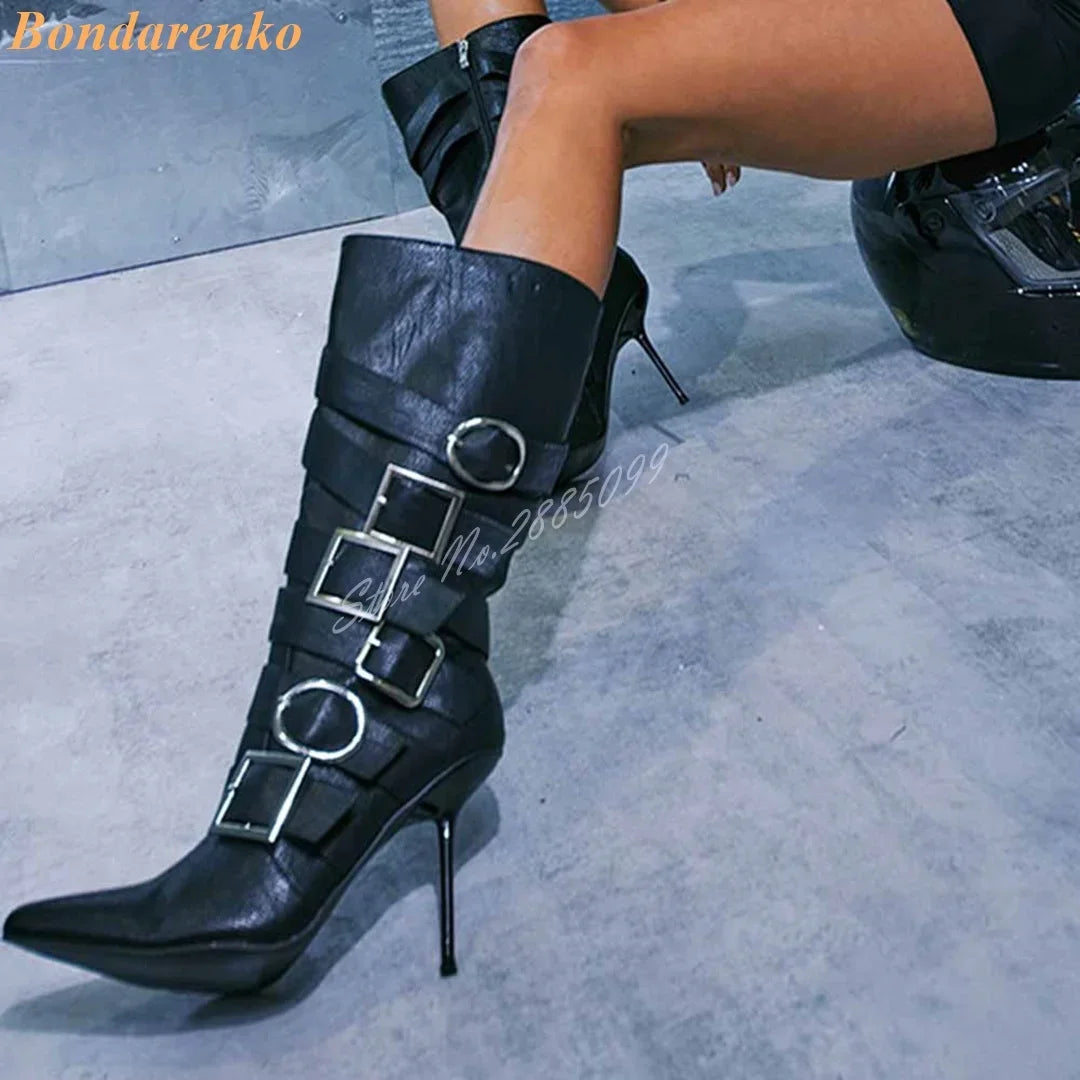 Metal Stiletto Heel Boots Mid Calf Pointy Toe Solid Buckles Strappy Side Zipper Boots Women New Style Shoes Autumn Party Luxury