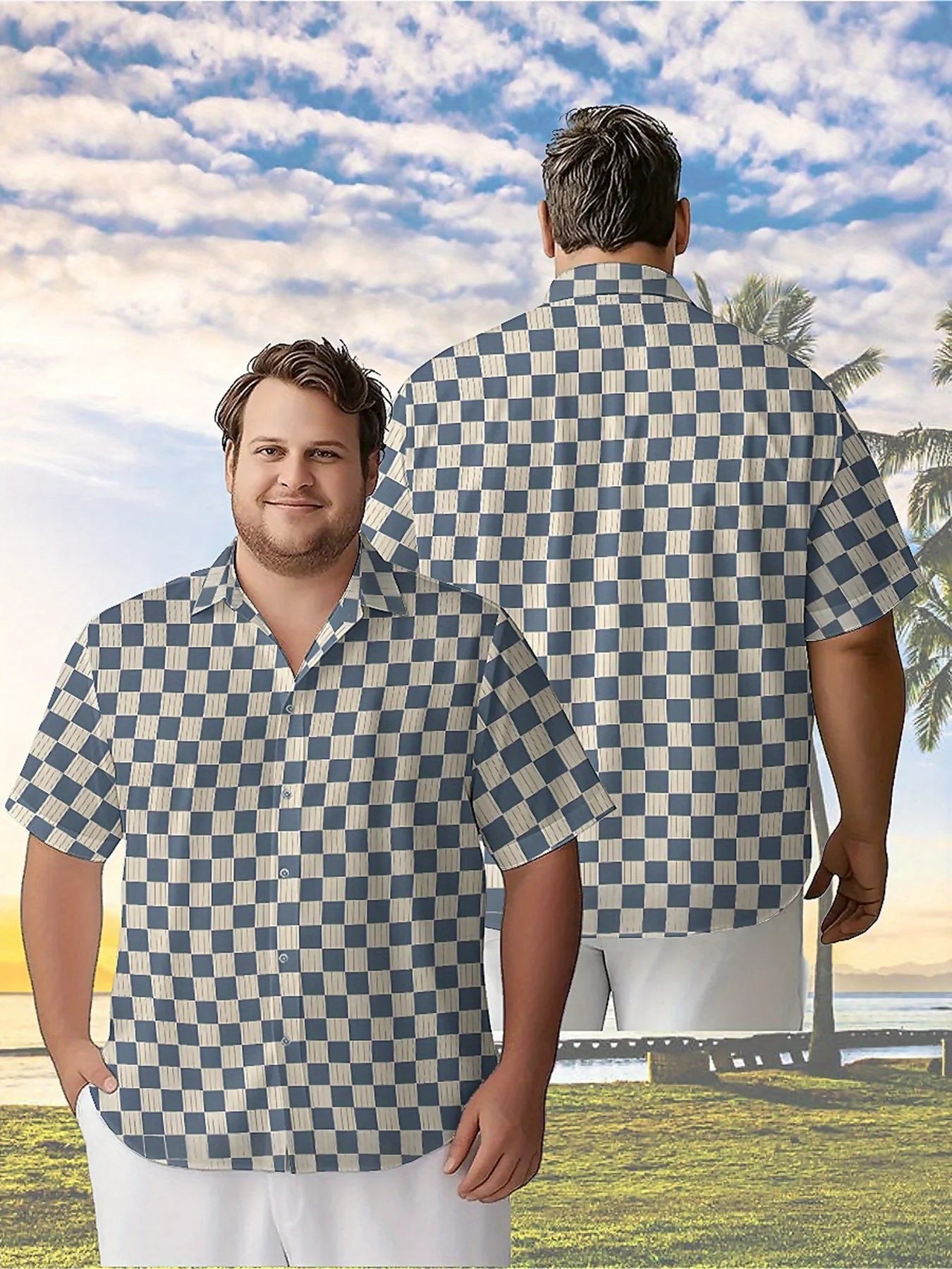 Men's Plus Size Hawaiian Shirts Blue and White Checkered Three-dimensional Pattern,summer Fashion Tops,Hip Hop Rock Streetwear