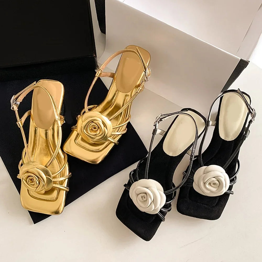 Camllia Decoration Cross Tied Sandals Sexy Square Toe Thin Heel Slingback Ankle Warp New Arrivals Fashion Womne Modern Shoes