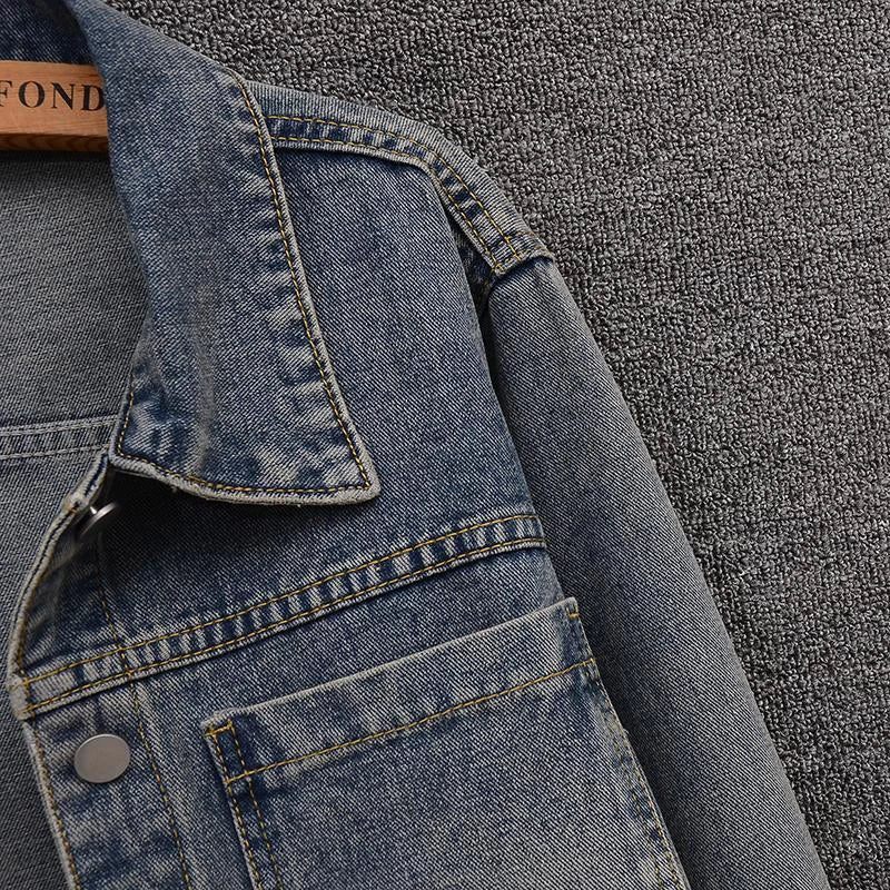 Women Vintage Cropped Denim Jacket Classic Harajuku Y2K Blue American Coat Loose Casual Simple Turn Down Collar Top