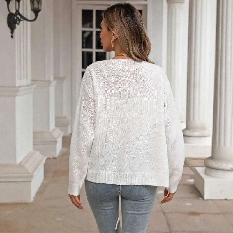 Elegant Women's Knit Cardigan with Decorative Bow Round Neck Casual Long Sleeve Cover Up Soft Chunky Sweater Coat