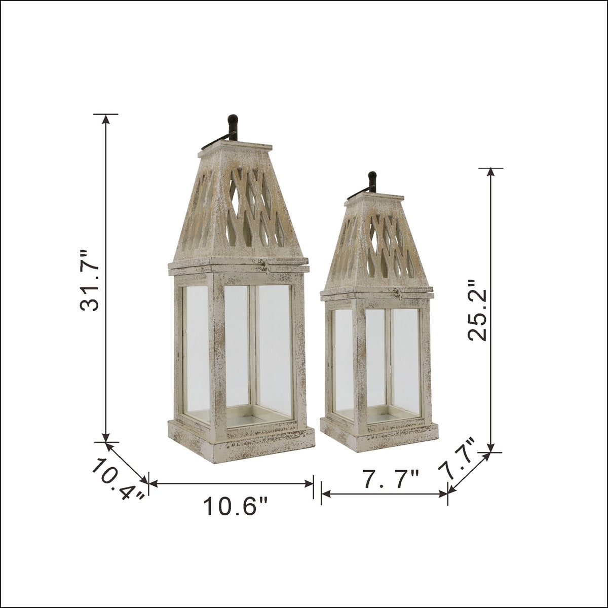 Set of 2 Rustic White French Country Wood & Glass Lanterns