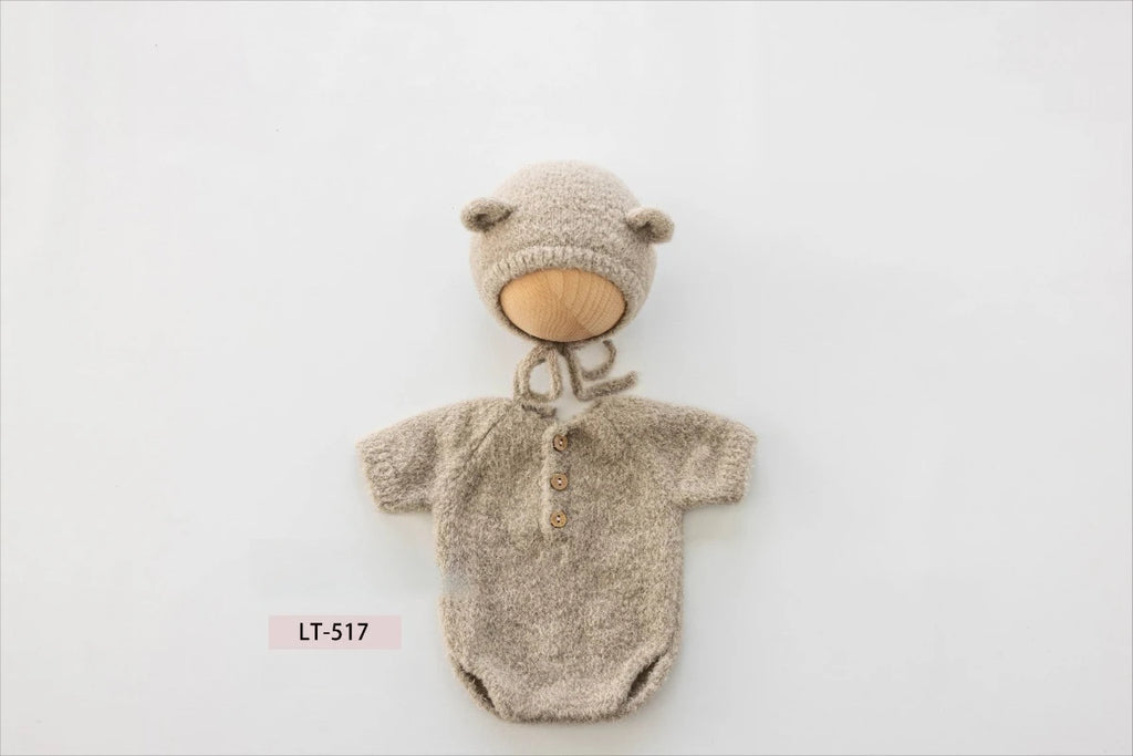 Newborn Photography Props Handmade Knitted Bear Clothes Costume Bodysuit with Hat and Cute Doll Set for Baby Studio Photo Shoot