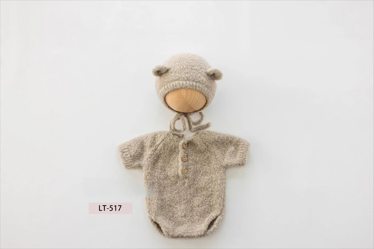 Newborn Photography Props Handmade Knitted Bear Clothes Costume Bodysuit with Hat and Cute Doll Set for Baby Studio Photo Shoot