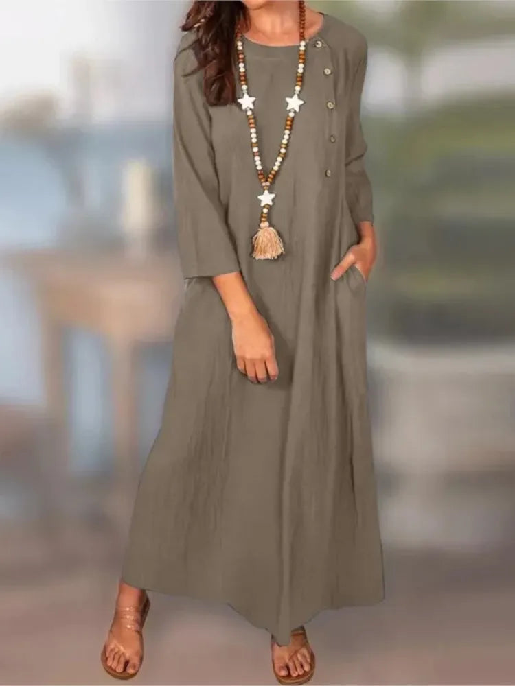 Autumn Fashion Dress Elegant Cotton Linen Women's Solid Color Long Dress Temperament Comfortable Round Neck Long Sleeve Dress
