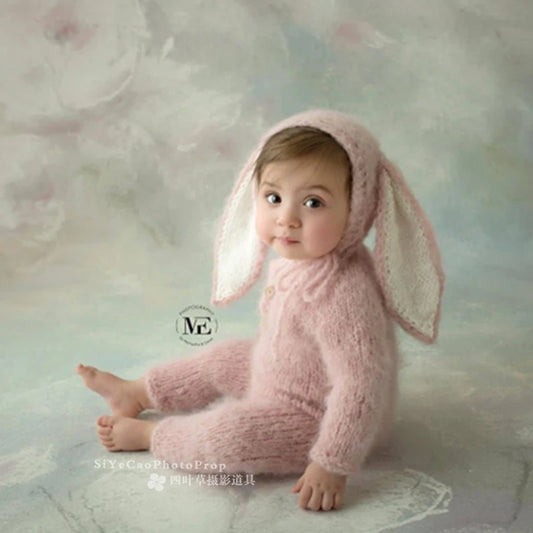 2025Newborn fuzzy bunny romper for baby photography props,pink rabbit for photo clothes