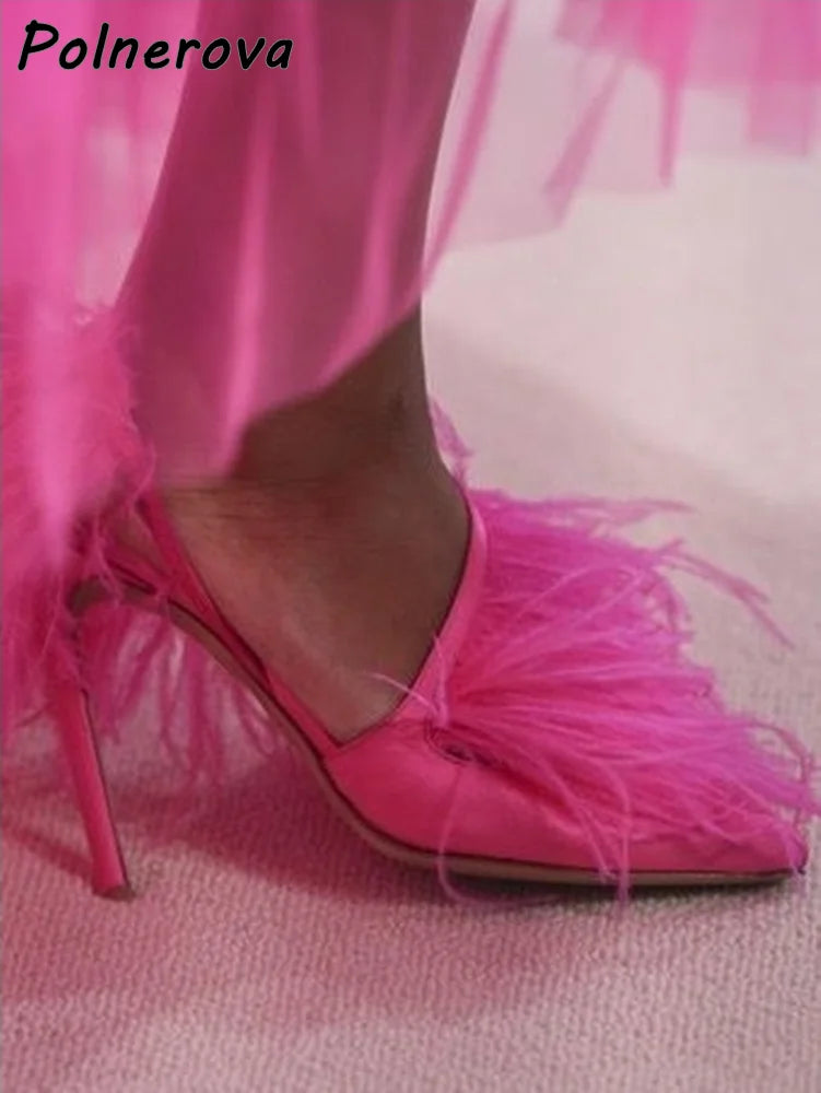 Satin Surround Feather Fringe Sandals Pointy Toe Solid Pointy Toe Stiletto Shoes Red Orange Black Summer Shallow Runway Shoes