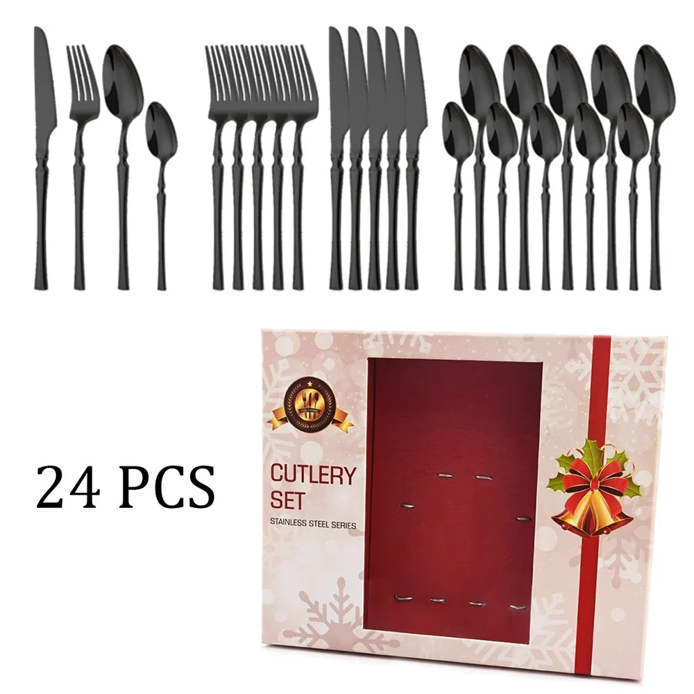 Christmas 24Pcs Gold Dinnerware Stainless Steel Cutlery Set Dinner Flatware Knife Fork Spoon Luxury Kitchen Tableware Gift Box