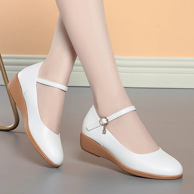 Classic White Soft Pu Leather Wedge Heel Shoes for Women Spring and Autumn New Comfortable and Versatile Work Shoes for Women